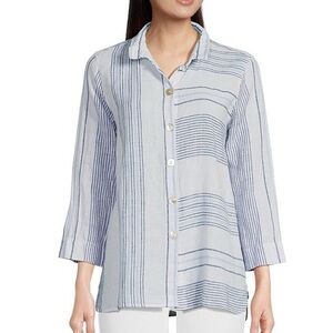 Ali Miles Woven Yarn Dye Stripe Print Tunic Top Blue Size Large Lagenlook Blouse